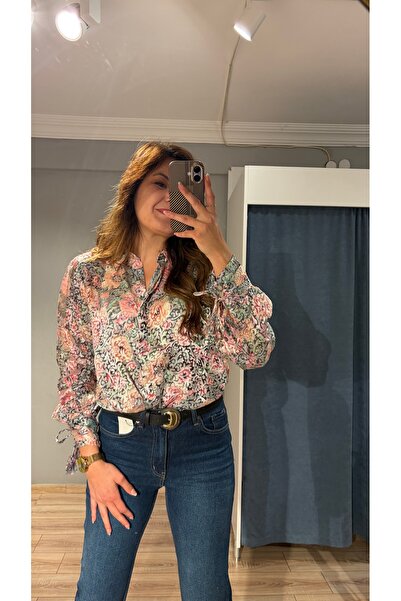 Bir Demet Butik Çok Renkli Çiçek Desenli Uzun Kollu Kadın Saten Gömlek Rahat ...