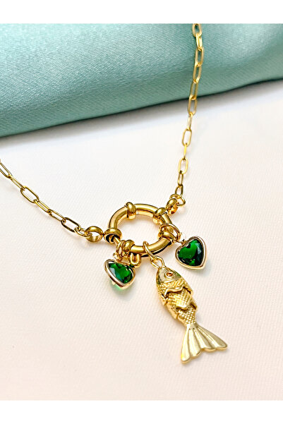 Berilya Aksesuar قلادة من الفولاذ الذهبي بتصميم قلب متحرك على شكل سمكة من مجم...