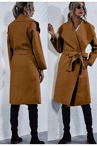 Nobrand Women's camel suede trench coat with wide lapels and drawstring waist...