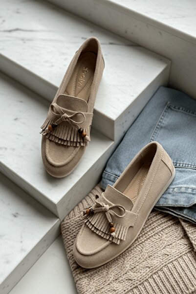 DİVOLYA Tiamo Beige Suede Beaded Detailed Ballerina Shoes