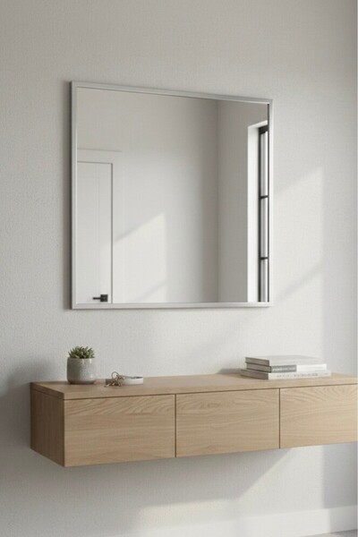Ahzen Cam Modern Gümüş Kare Duvar Aynası Metal Çerçeveli 50x50