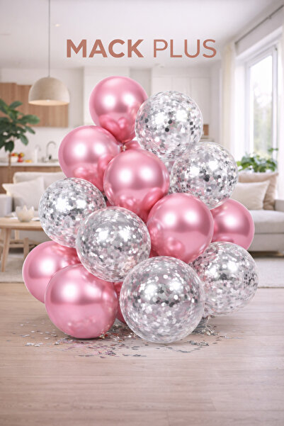 MACK PLUS 5’li 12 inç Krom Metalik Pembe ve Şeffaf Balon Seti – İçi Gümüş Pul...