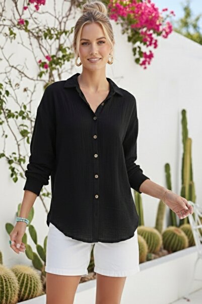 Chiccy Black Shirt Collar Buttoned Long Sleeve Washable Casual Woven Shirt 10...