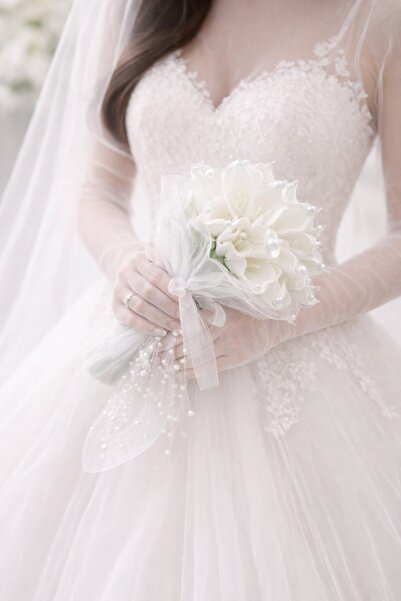 Bioren 1. Kalite Organze Tül Detaylı İncili Beyaz Gala Gelin Çiçeği - (Yaka Ç...