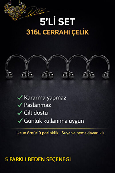 depozoom 316L Cerrahı Çelik 5'li set Halka Dudak Burun Kulak Kıkırdak Piercing