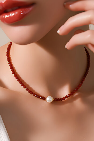 NBS Beautiful Naturel Stones Women's Real Pearl and Red Agate Necklace Elegan...