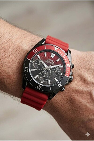 Slazenger Red Color Sports Men's Wristwatch |   44mm Black Case, Red Silicone...
