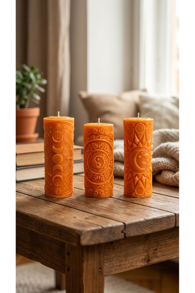 Raw Home Spiritüel Tasarım Kabartmalı 3’lü Ritüel Mum Seti – %100 Soya Wax El...