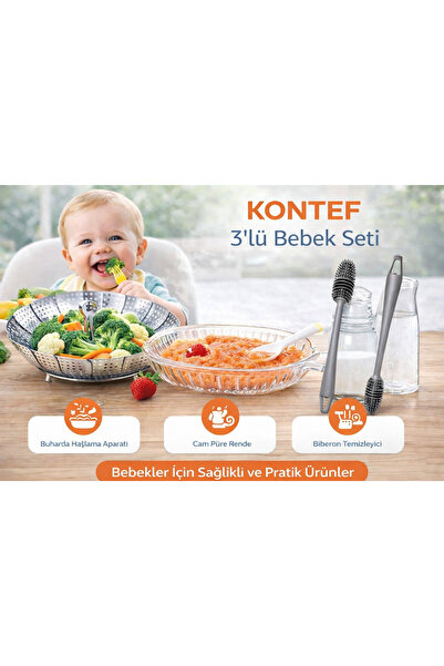KONTEF 3Lü Set Bebekler için Ek Gıda Rendesi Buharda Haşlama Aparatı Ve Biber...