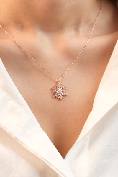 Kiriş Gümüş 925 Ayar Gümüş Rose Kar Tanesi Çiçek Kadın Gümüş Kolye