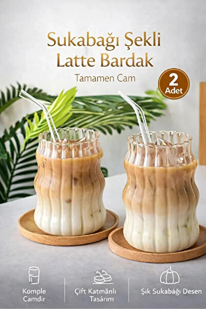 Maridet 2'li Sukabağı Şekli Latte Bardak Seti Iskandinav Tarz Pipetli Cam Bar...