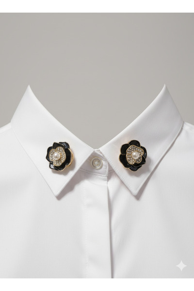 Lanuna İnci Detaylı Siyah Çiçek Düğme Broş