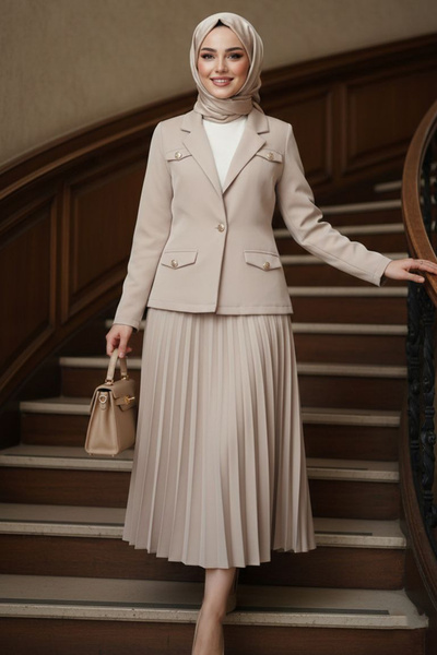 N.S NEVA STYLE Beige Hijab Double Set with Jacket 62011Bej