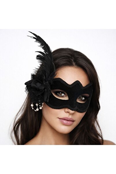 Epilons White Pearl Detailed Black Suede Venetian Women's Mask with Feathered...
