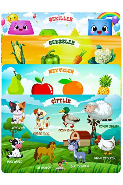 Minçu Toys Ahşap Türkçe-İngilizce 4'lü Set,Öğretici Yapboz, Zeka Geliştirici ...