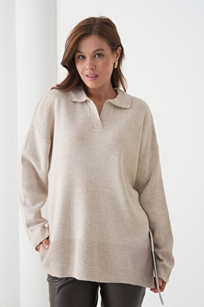 venezia giyim Women's Polo Collar Knitwear Slit Casual Sweater // V12359