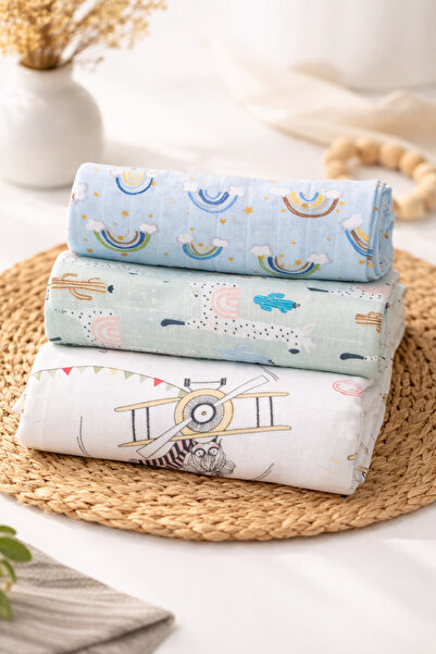 KRN MODA Çok Amaçlı Müslin Örtü & Battaniye 3'lü Set %100 Pamuk 80x90