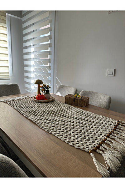 ESAHOME Makrome El Örgüsü Püsküllü Krem Tek Parça Runner-Yemek Masası ve Kons...