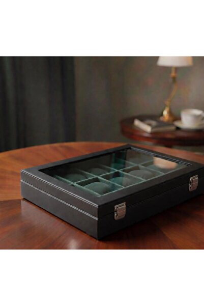 zyc Luxury 15-Slot Watch Storage Box with Leather Glass Cover and Stylish Design Size (34X24X8) cm