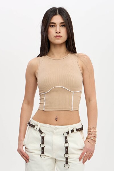 subr White Striped Patterned Stretchy Crop Top