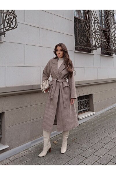 MAUN COLLECTION Striped Belted Cashmere Coat