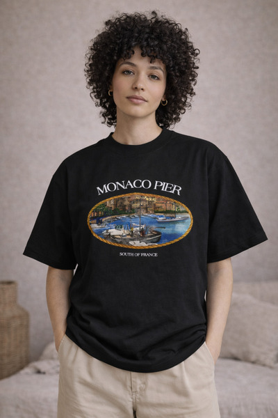 CAMBLYS تي شيرت قطني فضفاض مطبوع من الأمام من موناكو للجنسين مصنوع من قماش سميك