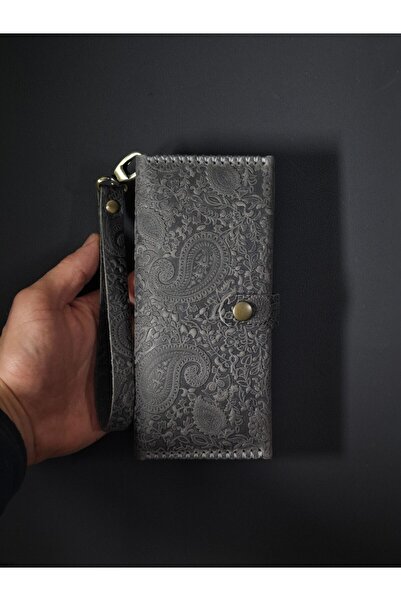 MAT Deri Gray Genuine Leather Phone Wallet Handmade Long Wallet with Wrist St...