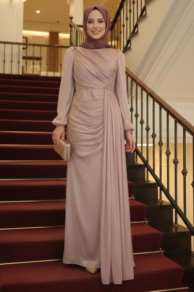 N.S NEVA STYLE Drape Detailed Camel Hijab Evening Dress 52585C