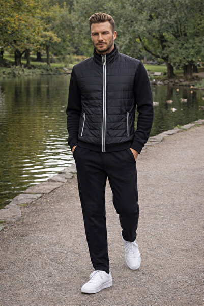 BESSA Black Tracksuit Set with Quilted Detail, Jacquard Fabric, Stand-Up Coll...