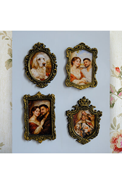 minshu.co Gold Vintage 4'lü Buzdolabı Çerçeve Seti Değiştirilebilir Fotoğrafl...