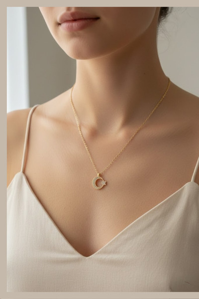 norayn Kadın Altın Renk Kolye Zirkon Taşlı Ay Yıldız Figürlü Şık Tasarım Kolye