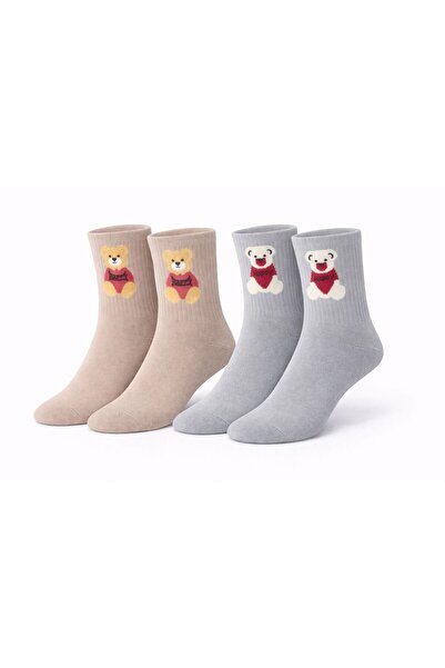 İpeksi 2 Pairs of Teddy Patterned Seamless Organic Combed Cotton Elastic Socks
