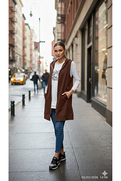 azram Women's Bitter Brown Oversized Hooded Long Vest with Pockets - Casual S...