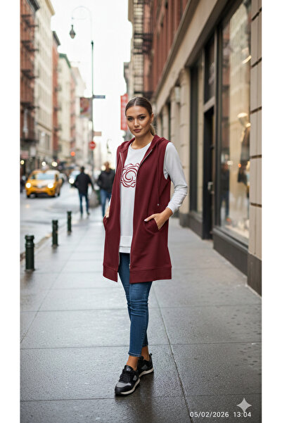 azram Women's Tunic Vest Burgundy Hooded Sweat Vest - Long Zipper Seasonal Ve...