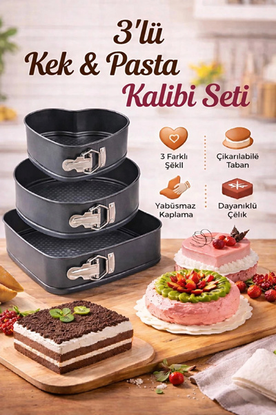 Maridet 3lü Kelepçeli Kalp Yuvarlak Kare Yanmaz Yapışmaz Teflon Döküm Çıkarıl...