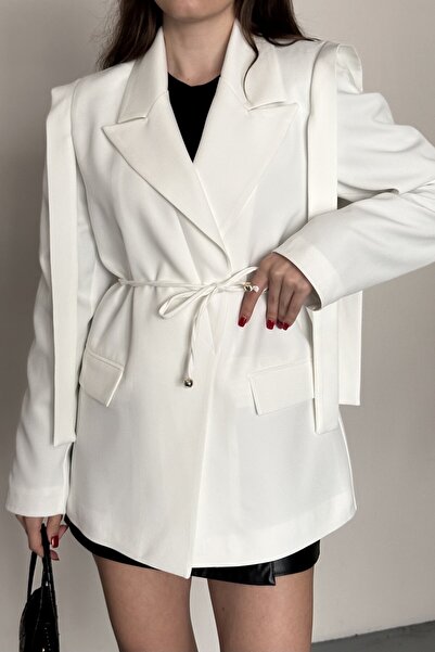 moda armanc Women's Belted Shoulder Detail Blazer Jacket - Casual Modern Design