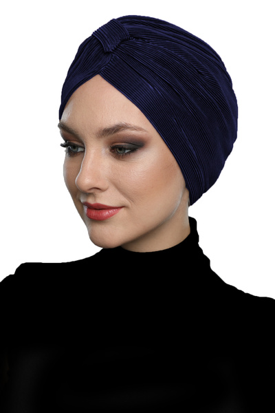 elysianfidan Cross Pleated Band Lined Navy Blue Ready-To-Wear Turban Hijab Po...
