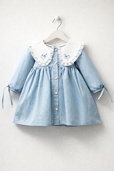 bebekstra Kız Bebek Yaka Nakış Fistolu Kot Elbise