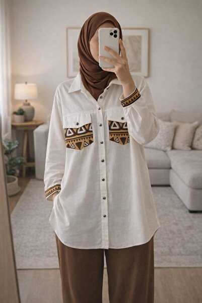 AGE Tesettür Oversize Gömlek Tunik Beyaz Etnik Desenli