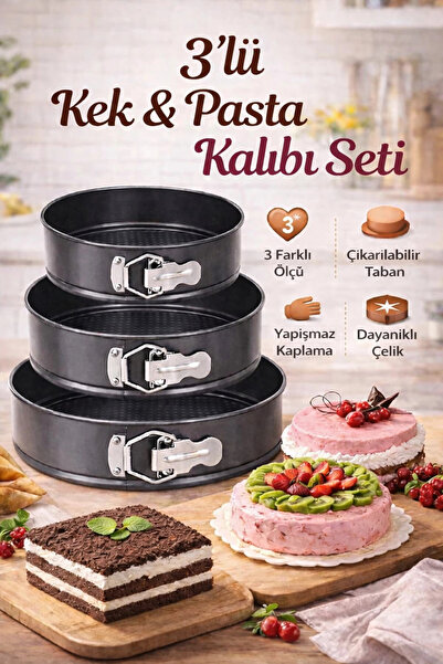 3'lü Kelepçeli Yanmaz Yapışmaz Teflon Döküm Kek Kalıbı Çıkarılabilir Tabanlı Kek Kalıbı