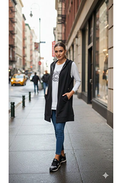 azram Women's Tunic Vest Black Oversize Hooded Long Vest with Pockets - Casua...