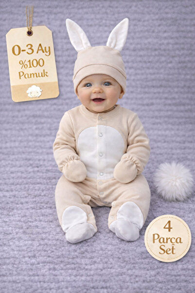 La Luna Unisex Baby 4 Piece Milk Brown Rabbit Jumpsuit 0-3 Months 100% Cotton