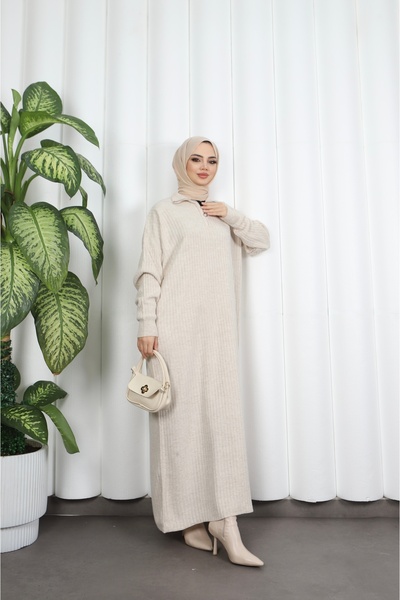 NİSUM MODA Corded Fabric Zippered Knitwear Dress