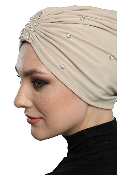elysianfidan Zeni Taşlı Astarlı El İşi İşlemeli Bej Hazır Türban Tesettür Abi...