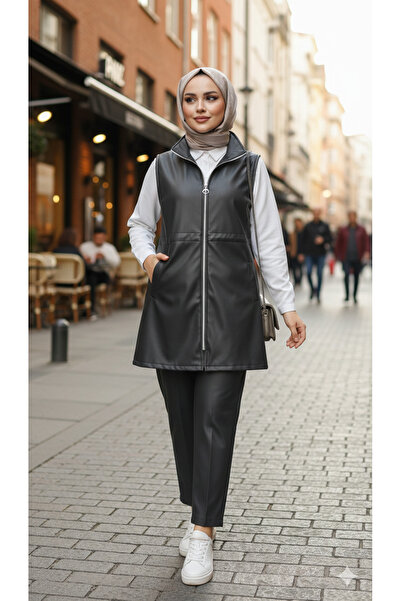 azram Set 3 piese cu vestă din piele Tesettür - Hanorac cu detaliu la cot și ...