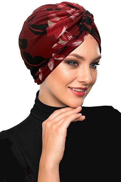 elysianfidan Desenli Çapraz Penye Bordo Yaprak Motifli Hazır Türban Tesettür ...