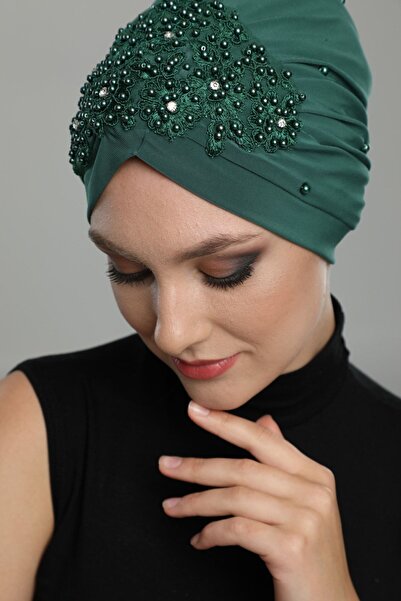 elysianfidan Ripped Lined Embroidered Green Lace Motif Ready-made Hijab Hijab...