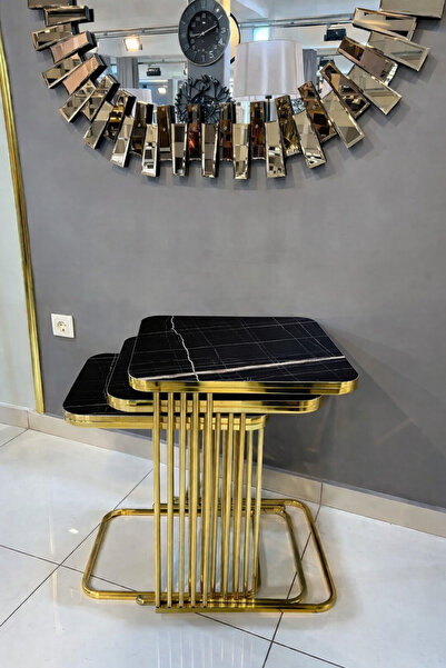 Riyes Tasarım Piyano Üçlü Zigon GOLD Kaplama 3 lü Hayglass Mdf Modern Sehpa -...