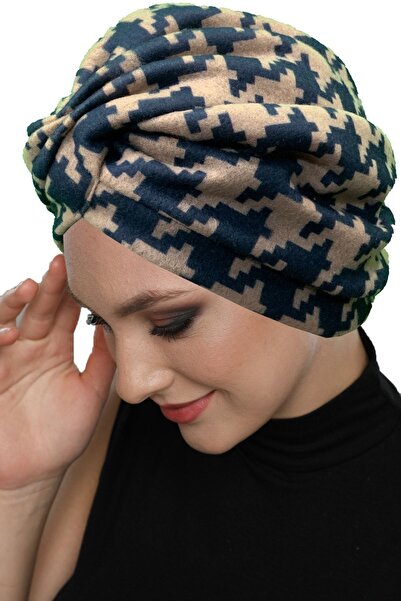 elysianfidan Angora Wool Lined Houndstooth Patterned Navy Blue-beige Ready-ma...