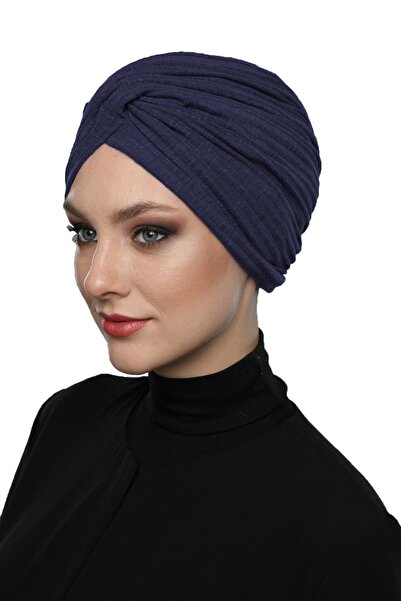 elysianfidan Crossed Combed Cotton Lined Navy Blue Ready-Made Turban Hijab Po...